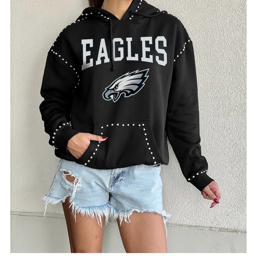 Eagles Women's Black Hoodie with Studded Details - Picture 2 of 4
